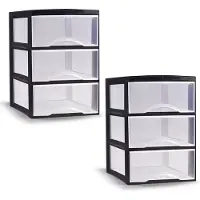 PlasticForte ladeblokje/bureau organizer - 2x - 3 lades - transparant/zwart - L18 x B25 x H25 cm