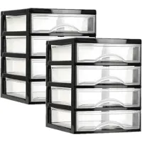 PlasticForte Ladeblok - 2x - 4 lades - zwart met transparant - bureau organizer - L18xB21xH23 cm - kunststof
