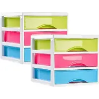 PlasticForte ladeblokje - bureau organizer - 2x - met 3 lades - transparant/mix kleuren - L18 x B21 x H17 cm - kunststof