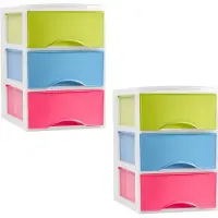 PlasticForte ladeblokje/bureau organizer - 2x stuks - 3 lades - multi kleuren - L18 x B25 x H25 cm