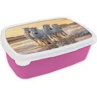 MuchoWow Broodtrommel Roze - Lunchbox Paarden - Water - Strand - Dieren - Brooddoos 18x12x6 cm - Brood lunch box - Broodtrommels voor kinderen en volwassenen