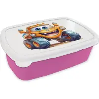 MuchoWow Broodtrommel Roze - Lunchbox Auto - Oranje - Jongen - Kind - Brooddoos 18x12x6 cm - Brood lunch box - Broodtrommels voor kinderen en volwassenen