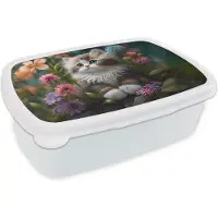 MuchoWow Broodtrommel Wit - Lunchbox Kitten - Illustratie - Bloemen - Natuur - Kat - Brooddoos 18x12x6 cm - Brood lunch box - Broodtrommels voor kinderen en volwassenen