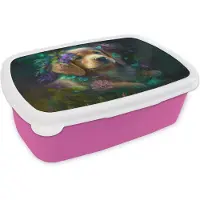MuchoWow Broodtrommel Roze - Lunchbox Hond - Puppy - Bloemen - Natuur - Golden retriever - Brooddoos 18x12x6 cm - Brood lunch box - Broodtrommels voor kinderen en volwassenen