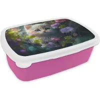 MuchoWow Broodtrommel Roze - Lunchbox Kitten - Bloemen - Bos - Illustratie - Poes - Brooddoos 18x12x6 cm - Brood lunch box - Broodtrommels voor kinderen en volwassenen