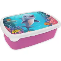 MuchoWow Broodtrommel Roze - Lunchbox Dolfijn - Zeedieren - Onderwater - Kinderen - Meisjes - Brooddoos 18x12x6 cm - Brood lunch box - Broodtrommels voor kinderen en volwassenen