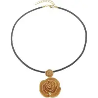 Behave Korte ketting dames met grote goudkleurige roos hanger aan donker bruin koord