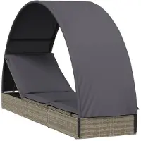 The Living Store Ligbed met dak - grijs PE-rattan en gepoedercoat staal - 211x57x140 cm - verstelbare zijden -