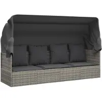 The Living Store Loungebed - Grijs - PE-rattan - Inklapbare luifel - Stabiel frame - Comfortabele kussens