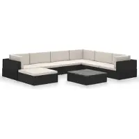 The Living Store Living Store loungeset voor in de tuin, 8-delig, met kussens, van polyrotan, zwart