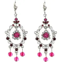 Behave - Vintage oorbellen zilverkleur met ovalen hanger, roze en rode steentjes - Nikkelvrij