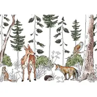 Fotobehang - Dieren - Bos - Cartoon - Woud - Witte Achtergrond - Vliesbehang- 254x184cm (lxb)