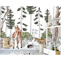 Fotobehang - Dieren - Bos - Cartoon - Woud - Witte Achtergrond - Vliesbehang- 312x219cm (lxb)
