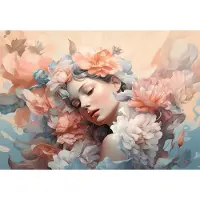 Fotobehang - Vrouw - Bloemen - Pastel - Lente - Natuur - Bladeren - Vliesbehang - 208x146cm (lxb)