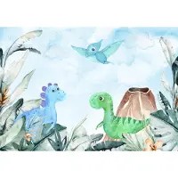 Fotobehang - Dinosaurus -T-Rex - Vulkaan - Bladeren - Lucht - Groen - Pastel - Vliesbehang - 152x104cm (lxb)