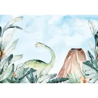 Fotobehang - Dinosaurus - Vulkaan - Bladeren - Lucht - Groen - Pastel - Vliesbehang - 416x254cm (lxb)