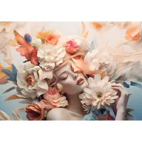Fotobehang - Vrouw - Bloemen - Pastel - Lente - Natuur - Bladeren - Vliesbehang- 312x219cm (lxb)