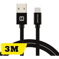 Swissten Gevlochten USB-C naar USB-A Kabel - 3M - Zwart