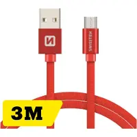 Swissten Lange Micro‑USB Oplaadkabel 3 meter – voor Samsung, Android, Powerbank & PS4 Controller – USB‑A Kabel – Rood