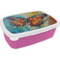 MuchoWow Broodtrommel Roze - Lunchbox Vlinder - Kleuren - Kunst - Schilderij - Brooddoos 18x12x6 cm - Brood lunch box - Broodtrommels voor kinderen en volwassenen
