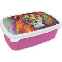 MuchoWow Broodtrommel Roze - Lunchbox Leeuw - Dieren - Olieverf - Regenboog - Brooddoos 18x12x6 cm - Brood lunch box - Broodtrommels voor kinderen en volwassenen