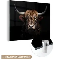 MuchoWow Glasschilderij 160x120 cm - Schilderij acrylglas - Schotse hooglander - Portret - Zwart - Dier - Foto op glas - Schilderijen