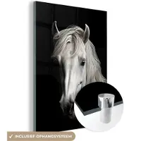 MuchoWow Glasschilderij 120x160 cm - Schilderij acrylglas - Paard - Portret - Zwart - Wit - Dier - Foto op glas - Schilderijen