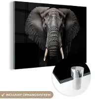 MuchoWow Glasschilderij 150x100 cm - Schilderij acrylglas - Olifant - Portret - Zwart - Dier - Foto op glas - Schilderijen