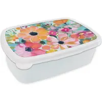 MuchoWow Broodtrommel Wit - Lunchbox Bloemen - Schilderij - Natuur - Botanisch - Brooddoos 18x12x6 cm - Brood lunch box - Broodtrommels voor kinderen en volwassenen