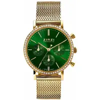 Zinzi horloge CHRONOGRAPH 36mm stopwatch groene wijzerplaat, geelgoudkleurige stalen kast met crystals, geelgoudkleurige stalen mesh band 18mm ZIW1635