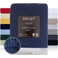 ISleep Dubbel Gebreide Jersey Hoeslaken - Hoge Hoek - Rondom Elastiek - Eenpersoons - 90/100x210/220 cm - Donker Blauw