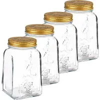 Pasabahce Voorraadpot/bewaarpot Square - 4x - glas - 1,5L - transparant/goud - D10 x H19 cm - voedsel bewaren