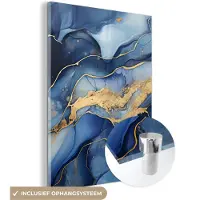 MuchoWow Glasschilderij 120x160 cm - Schilderij acrylglas - Marmer - Blauw - Goud - Abstract - Foto op glas - Schilderijen