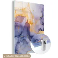 MuchoWow Glasschilderij 90x120 cm - Schilderij acrylglas - Marmer - Paars - Lila - Goud - Abstract - Foto op glas - Schilderijen