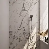 Brauer Regendoucheset inbouw brushed carving thermostatisch 20 cm met gebogen wandarm, glijstang en handdouche 3-standen losse stopkranen geborsteld