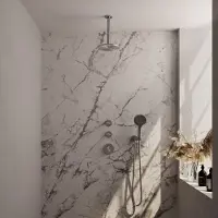 Brauer Brushed Carving thermostatische inbouw regendouche SET 11 met 20 cm douchekop en plafondarm en 3-standen handdouche en doucheslang en wandaansluitbocht RVS geborsteld PVD
