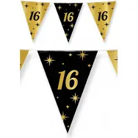 Paper Dreams 3x stuks leeftijd verjaardag feest vlaggetjes 16 jaar geworden zwart/goud 10 meter - Vlaggenlijnen