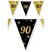 Paper Dreams 3x stuks leeftijd verjaardag feest vlaggetjes 90 jaar geworden zwart/goud 10 meter - Vlaggenlijnen