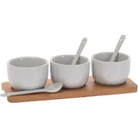 Eh Excellent Houseware Schaaltjes - 3x - wit - porselein - op houten serveerplank - 21 cm - Amuse/tapas/saus - Kommetjes met lepeltjes