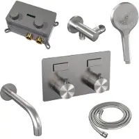 Brauer Thermostatische Inbouw Badkraan Brushed Carving Met Drukknoppen SET 04 Met Uitloop En 3-Standen Handdouche En Doucheslang En Wandaansluitbocht RVS Geborsteld PVD