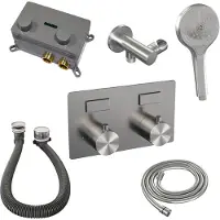 Brauer Brushed Edition thermostatische inbouw badkraan met drukknoppen SET 04 met badvulcombinatie en 3-standen handdouche en doucheslang en wandaansluitbocht RVS geborsteld PVD