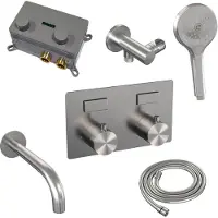 Brauer Brushed Edition thermostatische inbouw badkraan met drukknoppen SET 04 met uitloop en 3-standen handdouche en doucheslang en wandaansluitbocht RVS geborsteld PVD