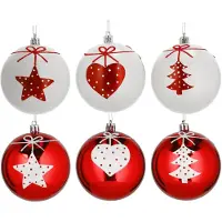 Cepewa 6x stuks gedecoreerde kerstballen rood en wit kunststof 6 cm - Kerstbal