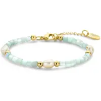 CO88 Collection 8CB-91292 Kralen Armbandje - Armband - Parelmoer - Parel - 16,5+3cm - 3+5mm Breed - Staal - Licht Turkoois - Goudkleurig