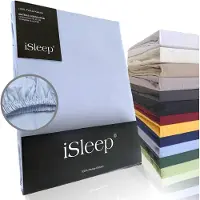 ISleep Perkal Hoeslaken - 100% Perkal Katoen - Hoge Hoek - Rondom Elastiek - Litsjumeaux - 180x210 cm - Licht Blauw