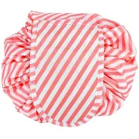 Intirilife cosmeticatas in ROSA STRIPED - Ronde toilettas in één stap met trekkoord om samen te trekken met 2 binnenvakken met ritssluiting, ideaal voor op reis - Voor het opbergen van make-up enz.