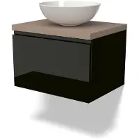 Maxaro Modulo Plato Badkamermeubel voor waskom | 60 cm Hoogglans zwart Greeploos front Taupe blad 1 lade
