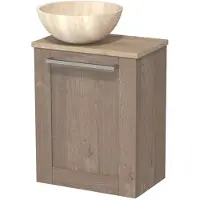 Maxaro Toiletmeubel met waskom | 41 cm Middenbruin eiken Kader front Travertin Natuursteen waskom Lichtbruin eiken blad