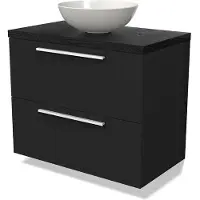 Maxaro Modulo Plato Badkamermeubel voor waskom | 80 cm Mat zwart Lamel front Zwart eiken blad 2 lades onder elkaar