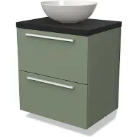 Maxaro Modulo Plato Badkamermeubel voor waskom | 60 cm Saliegroen Vlak front Mat zwart blad 2 lades onder elkaar